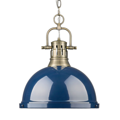 Yep by Golden Lighting Duncan 1-light 14in Chain Hung Pendant in Aged Brass and Navy Blue shade
