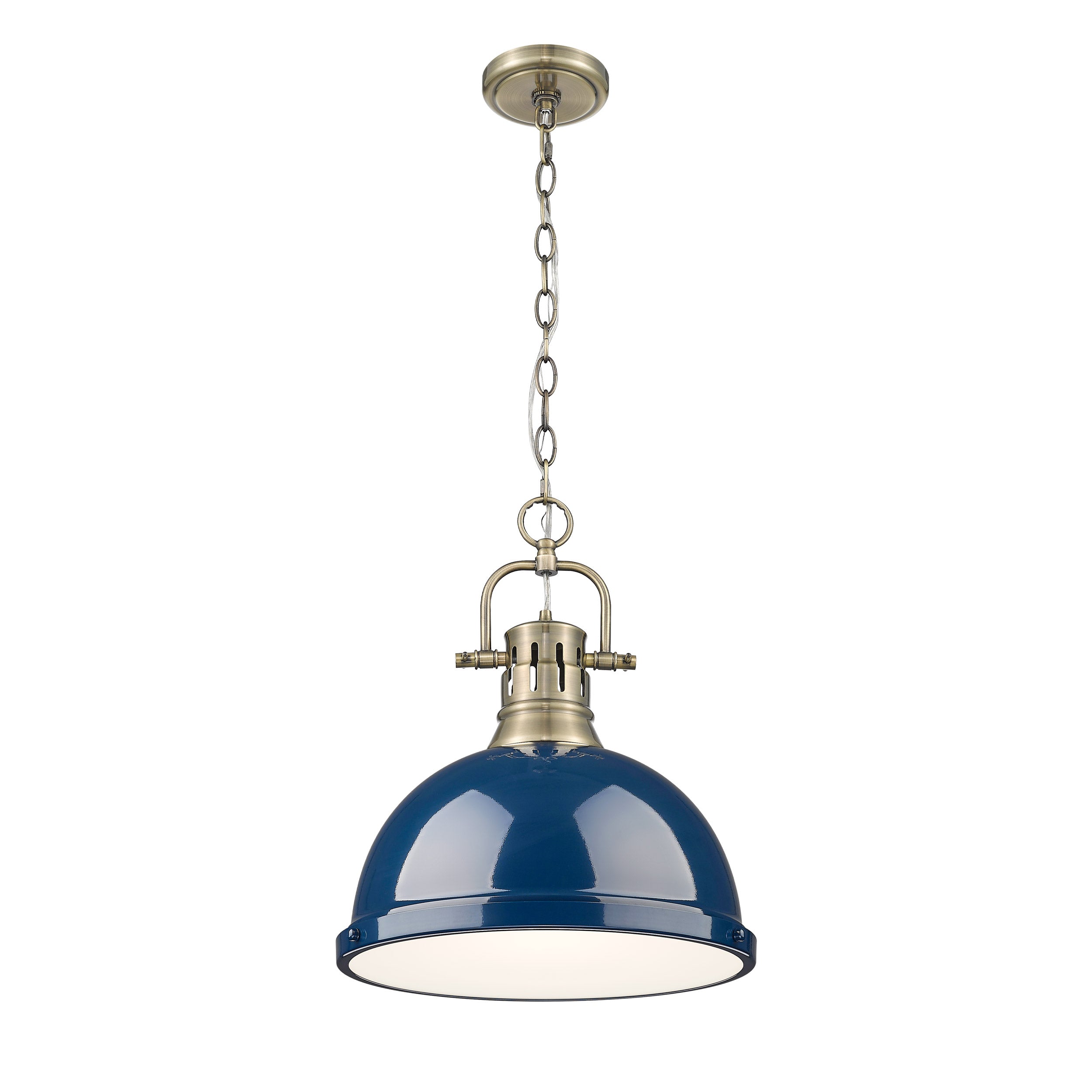 Duncan 1-Light Pendant with Chain in Aged Brass with Matte Navy - Aged Brass / Navy Blue / Blue - Golden Lighting