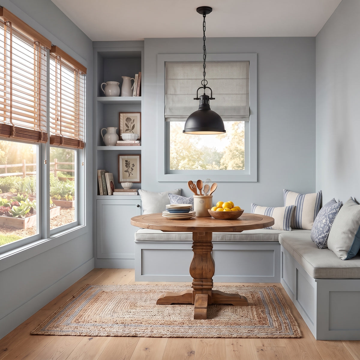 Duncan 1-light Pendant in Matte Black, AI-visualized breakfast nook scene - Golden Lighting