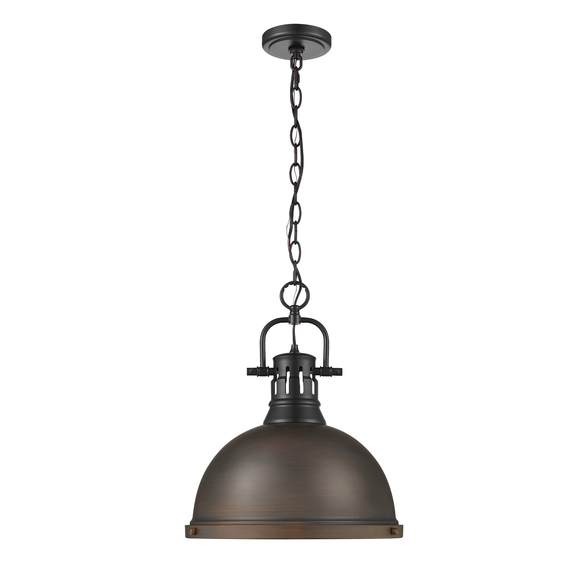 Duncan 1-Light Pendant with Chain in Matte Black with Rubbed Bronze - - Golden Lighting