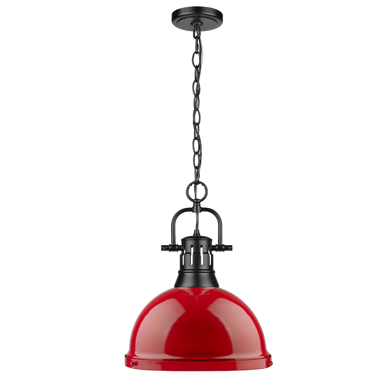 Duncan 1 Light Pendant with Chain in Matte Black with a Red Shade - Matte Black / Red / Red - Golden Lighting