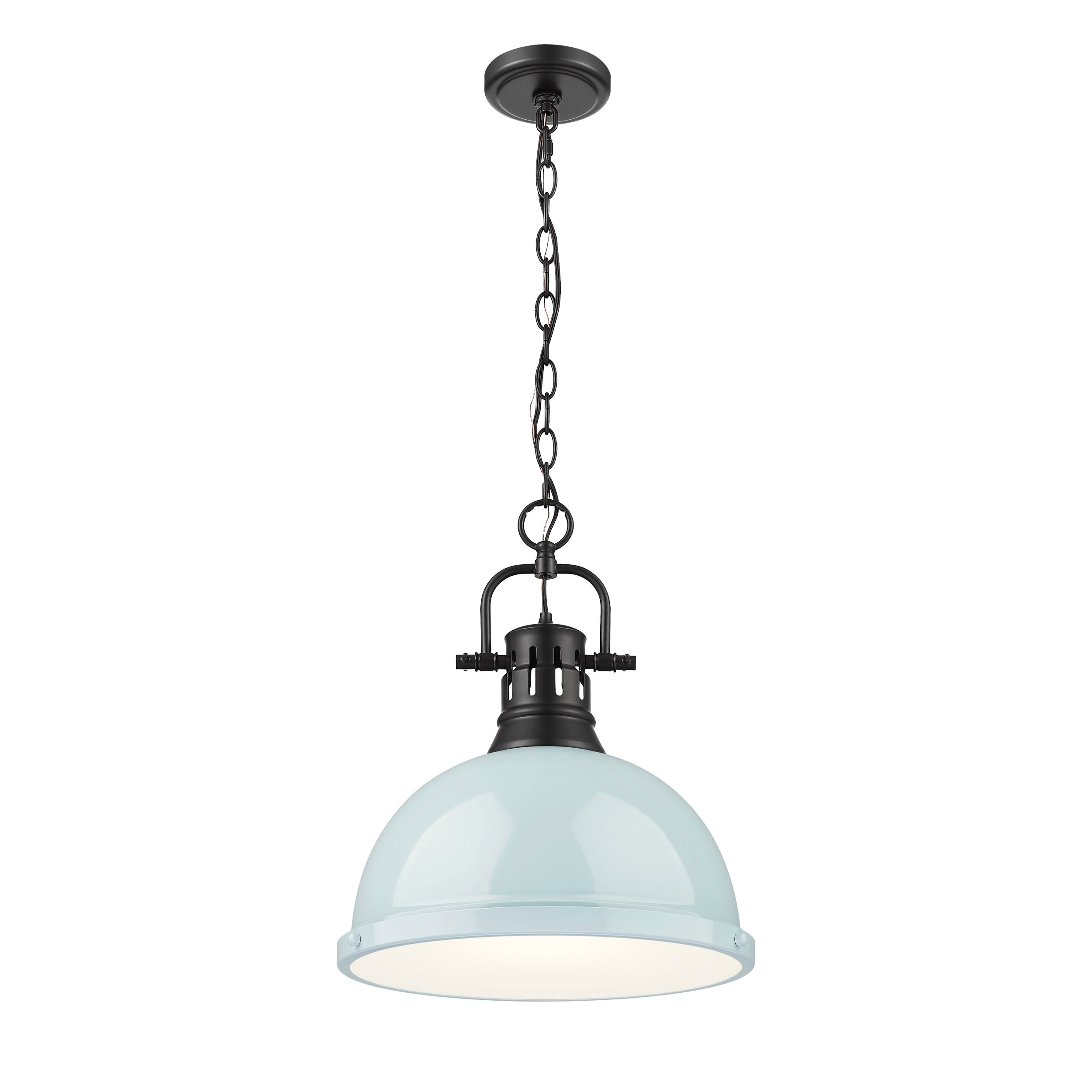 Duncan 1 Light Pendant with Chain in Matte Black with a Seafoam Shade - Matte Black / Seafoam / Green - Golden Lighting