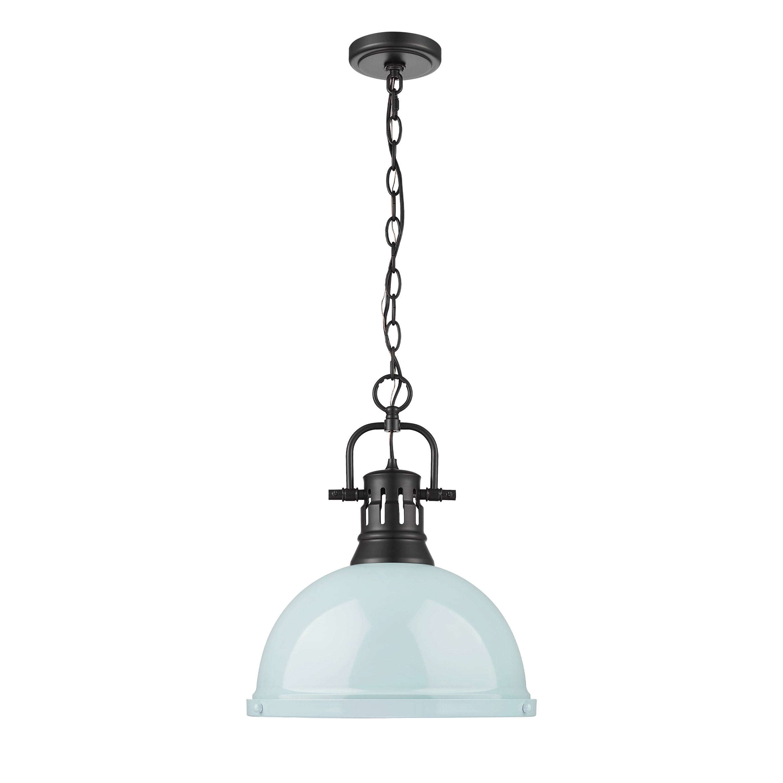 Duncan 1 Light Pendant with Chain in Matte Black with a Seafoam Shade - - Golden Lighting