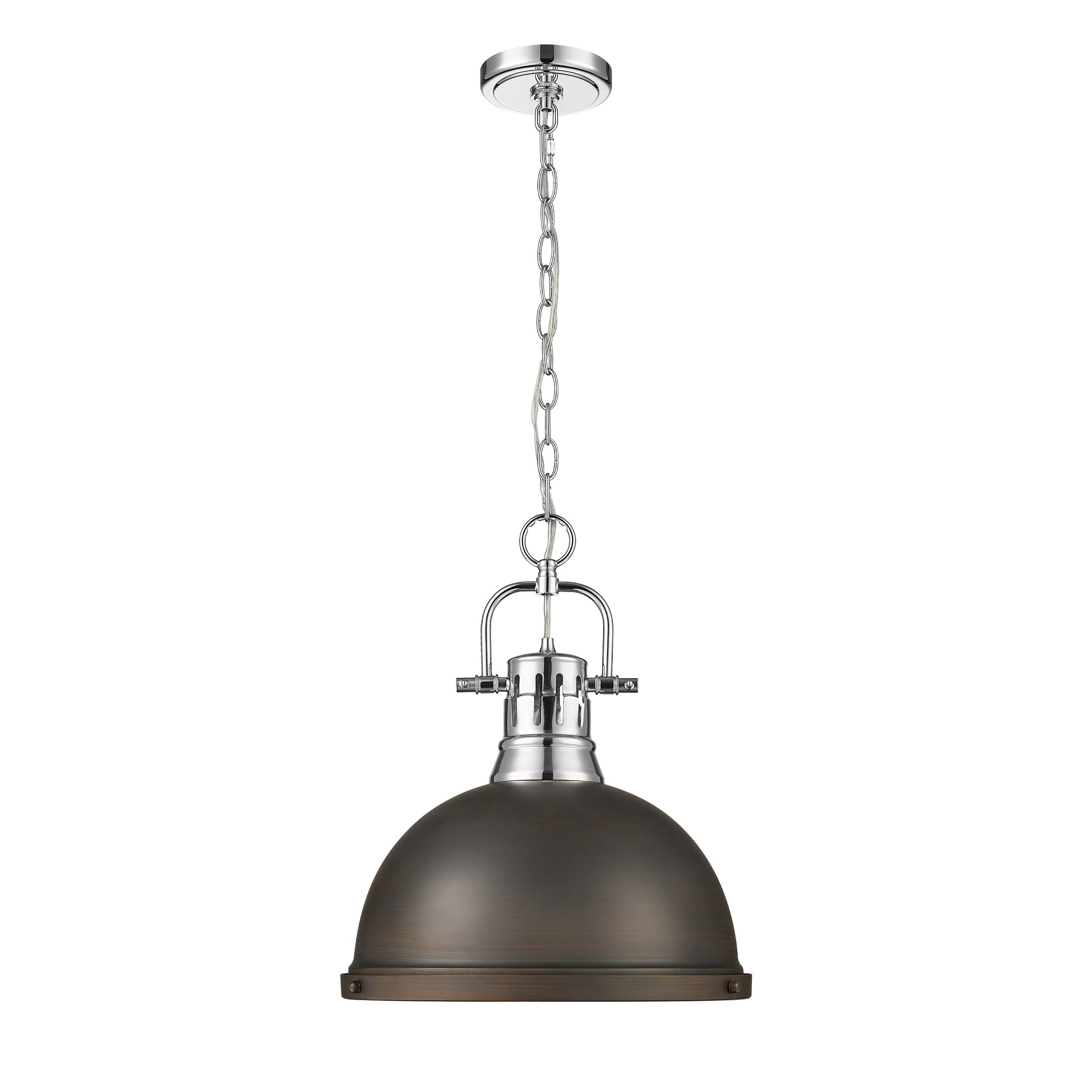 Duncan 1-Light Pendant with Chain in Chrome with Rubbed Bronze - - Golden Lighting