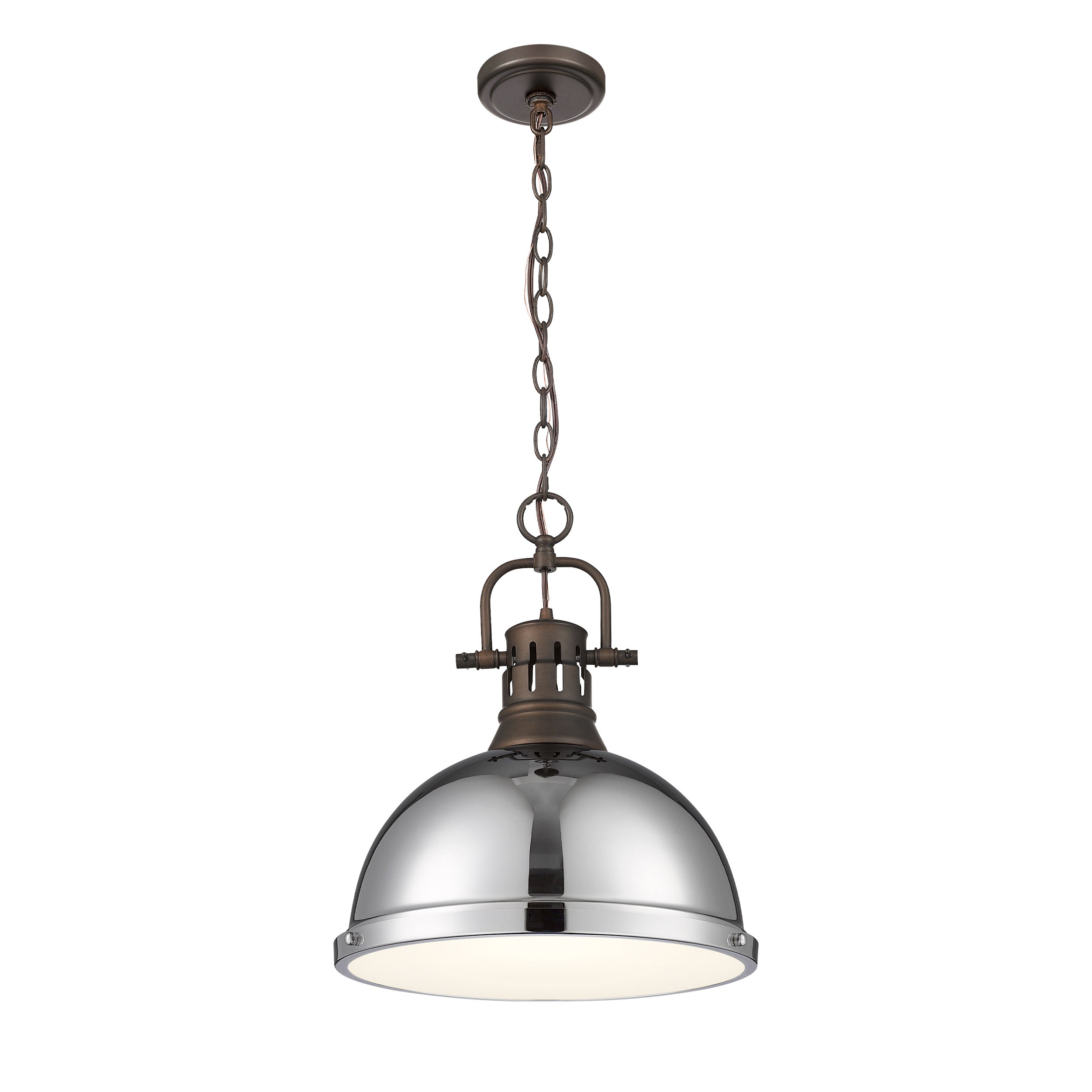 Yep by Golden Lighting Duncan 1-light 14in Chain Hung Pendant in Rubbed Bronze and Chrome shade