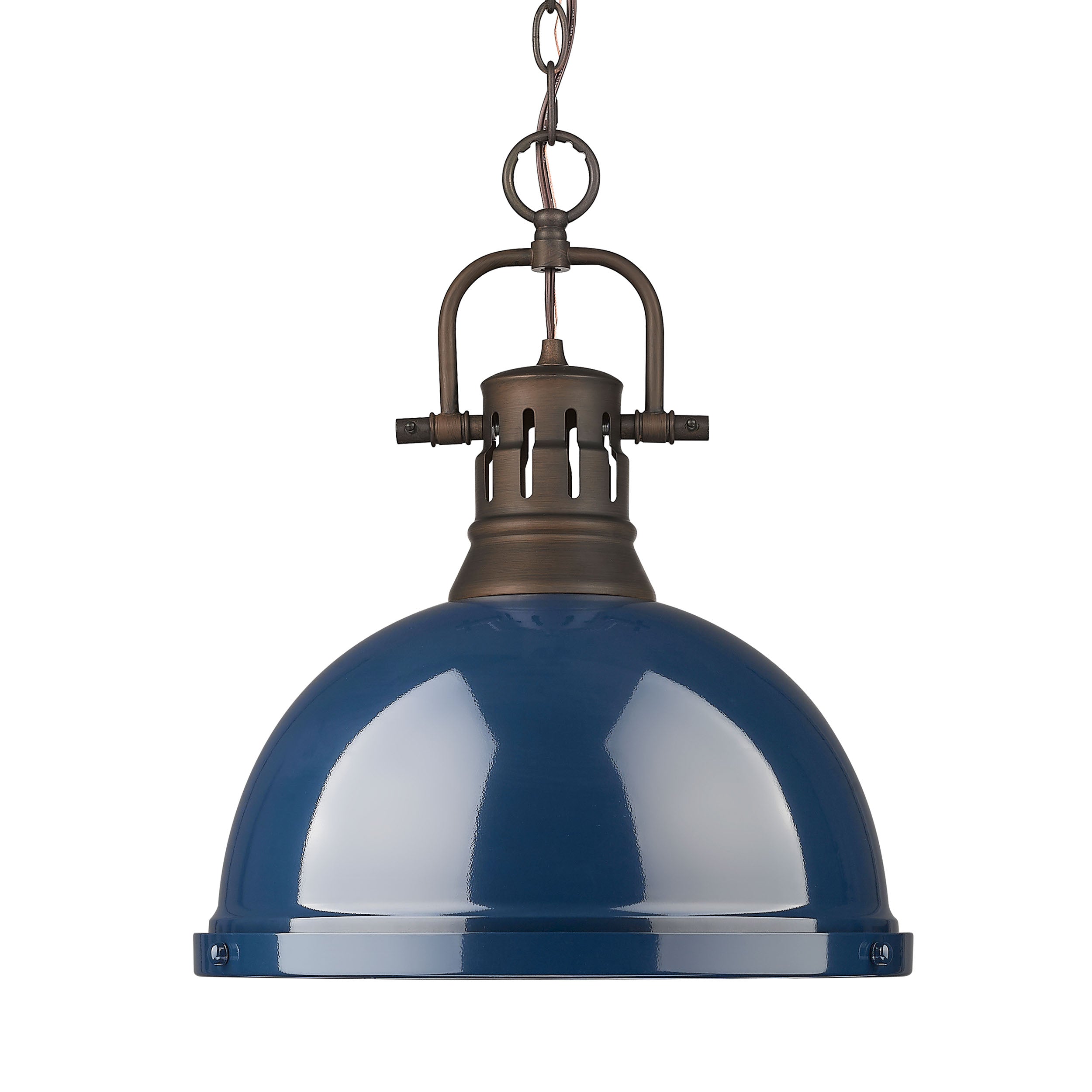 Yep by Golden Lighting Duncan 1-light 14in Chain Hung Pendant in Rubbed Bronze and Navy Blue shade
