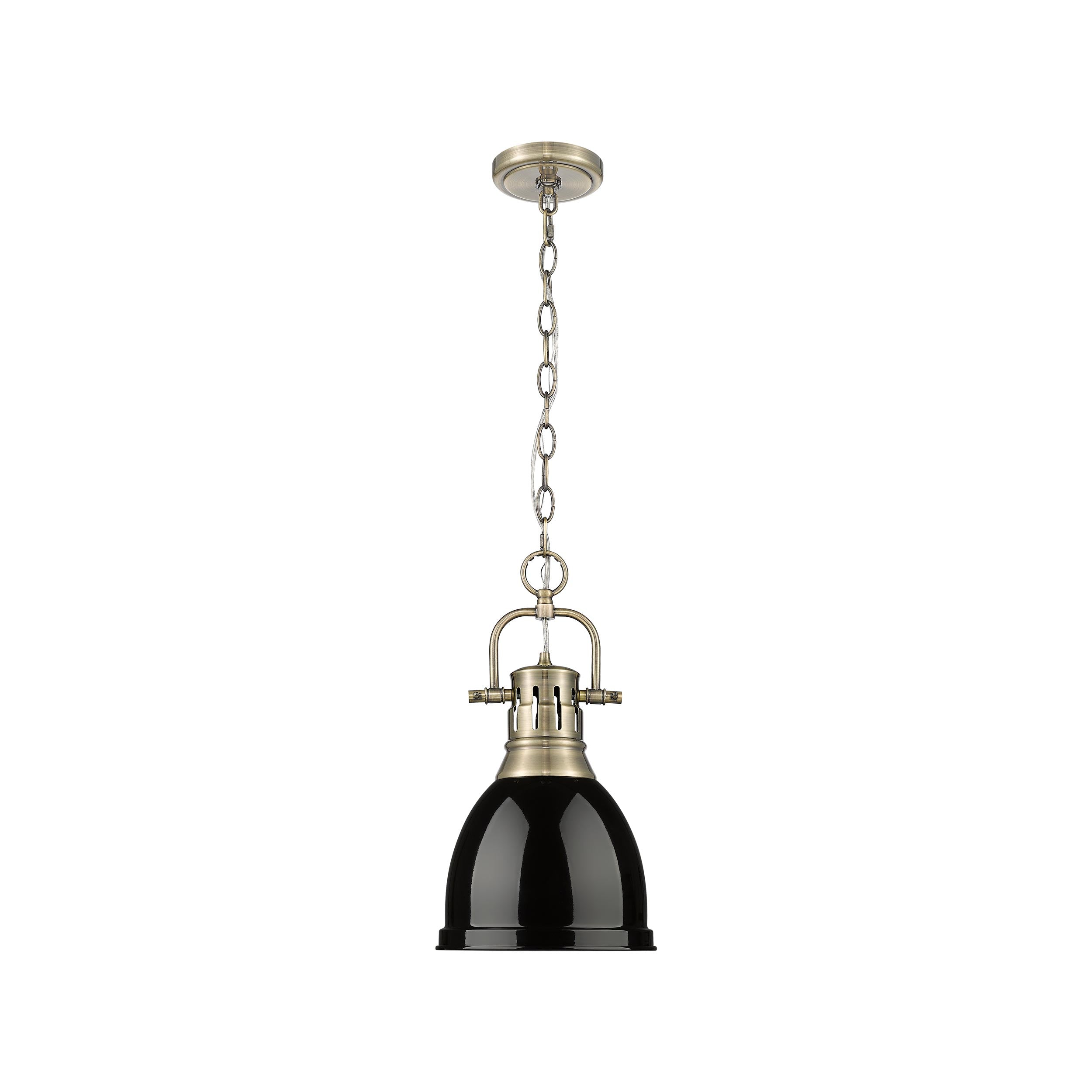 Yep by Golden Lighting Duncan 1-light 9in Chain Hung Pendant in Aged Brass and Black shade - - Golden Lighting