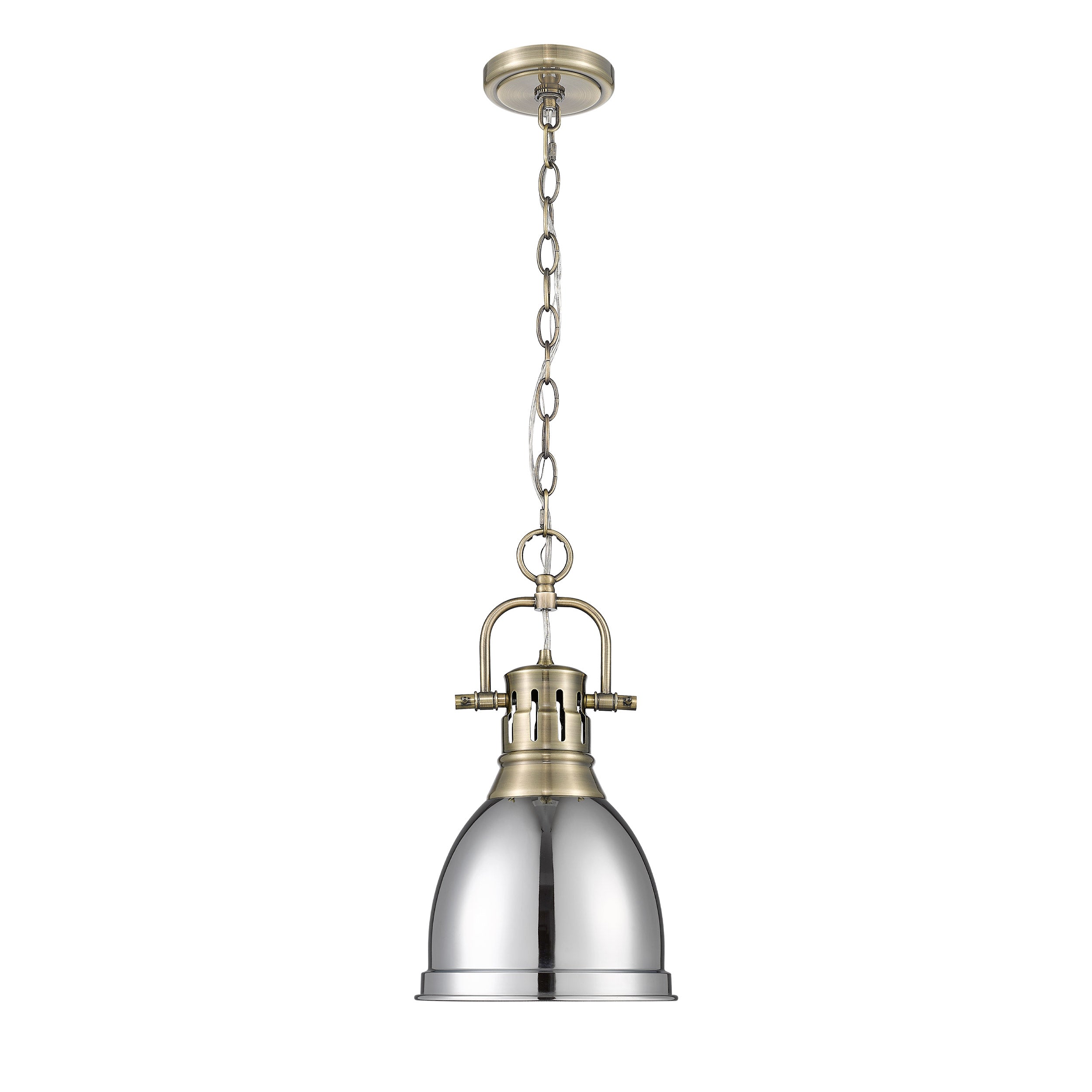 Yep by Golden Lighting Duncan 1-light 9in Chain Hung Pendant in Aged Brass and Chrome shade - - Golden Lighting