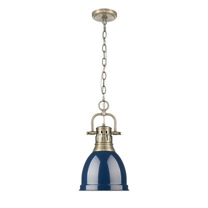 Yep by Golden Lighting Duncan 1-light 9in Chain Hung Pendant in Aged Brass and Navy Blue shade - - Golden Lighting