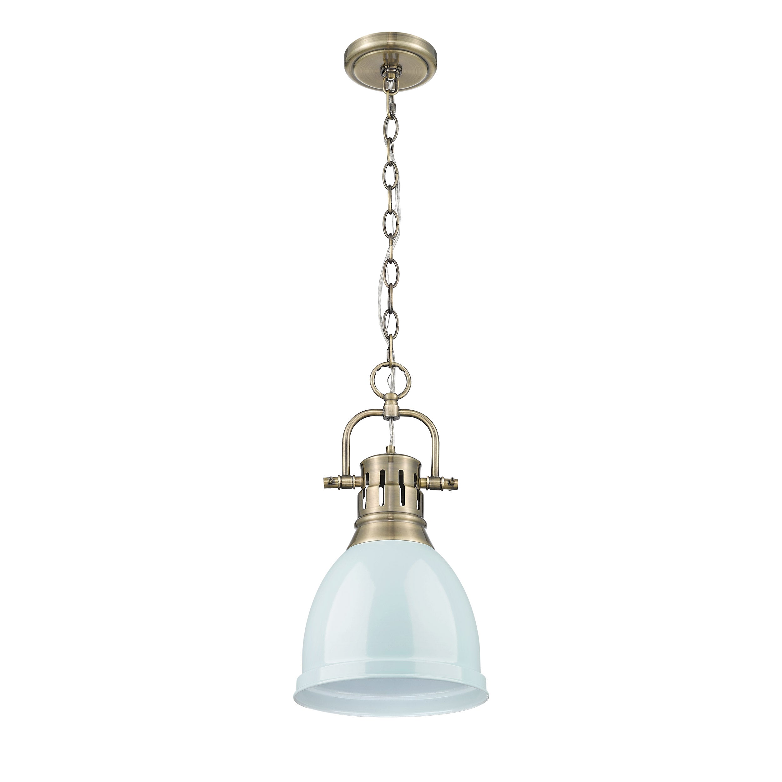 Yep by Golden Lighting Duncan 1-light 9in Chain Hung Pendant in Aged Brass and Seafoam shade - - Golden Lighting