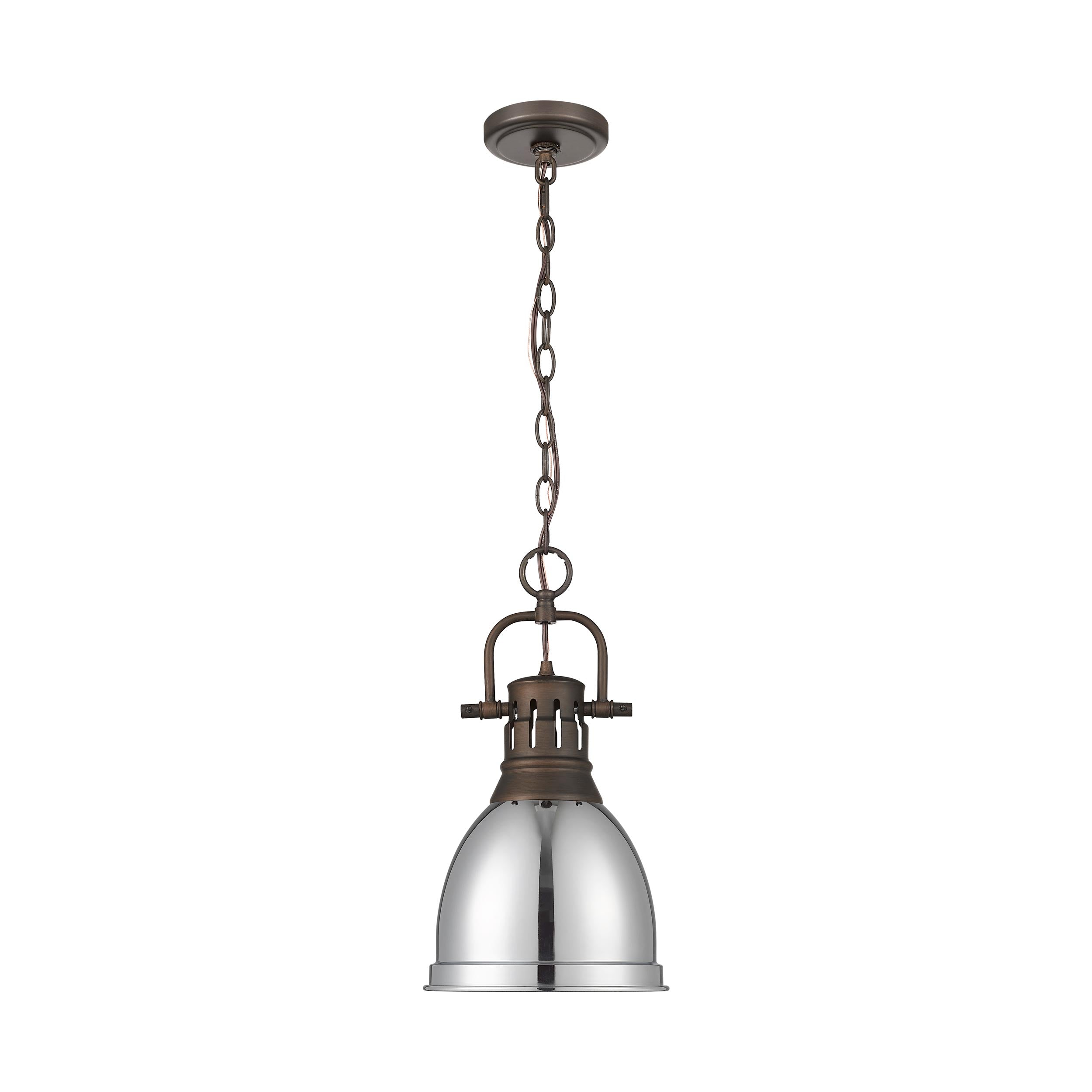 Yep by Golden Lighting Duncan 1-light 9in Chain Hung Pendant in Rubbed Bronze and Chrome shade - - Golden Lighting
