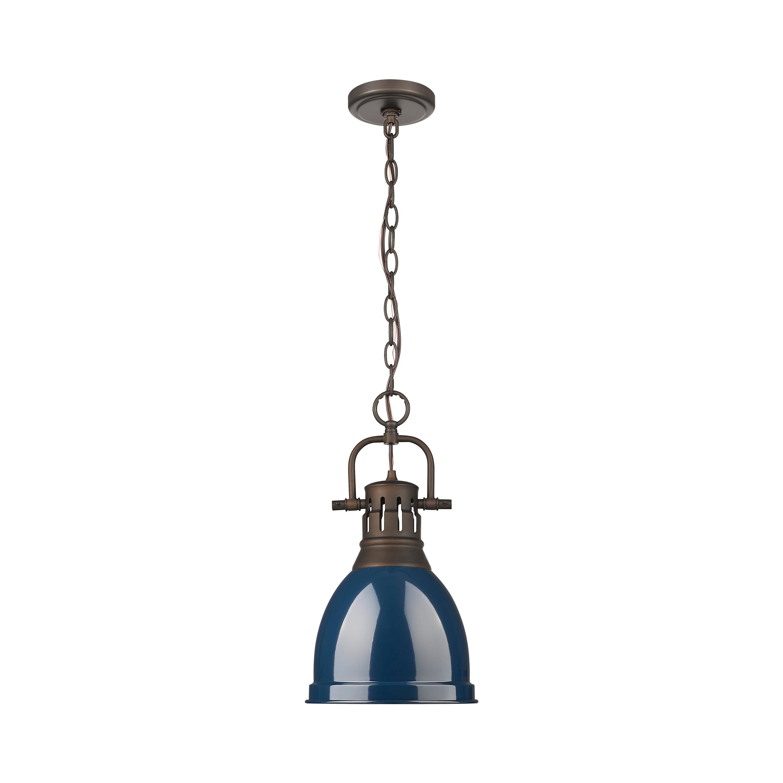 Yep by Golden Lighting Duncan 1-light 9in Chain Hung Pendant in Rubbed Bronze and Navy Blue shade - - Golden Lighting
