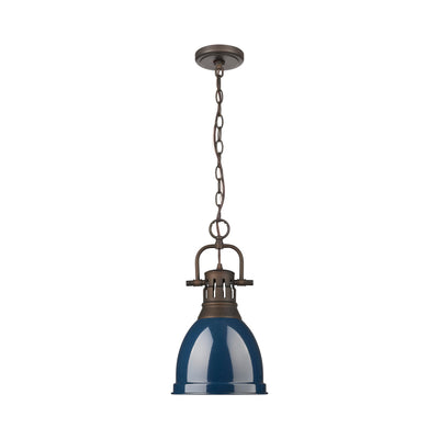 Yep by Golden Lighting Duncan 1-light 9in Chain Hung Pendant in Rubbed Bronze and Navy Blue shade - - Golden Lighting