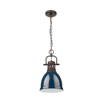 Yep by Golden Lighting Duncan 1-light 9in Chain Hung Pendant in Rubbed Bronze and Navy Blue shade - - Golden Lighting