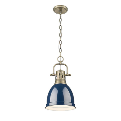 Yep by Golden Lighting Duncan 1-light 9in Chain Hung Pendant in Aged Brass and Navy Blue shade - - Golden Lighting