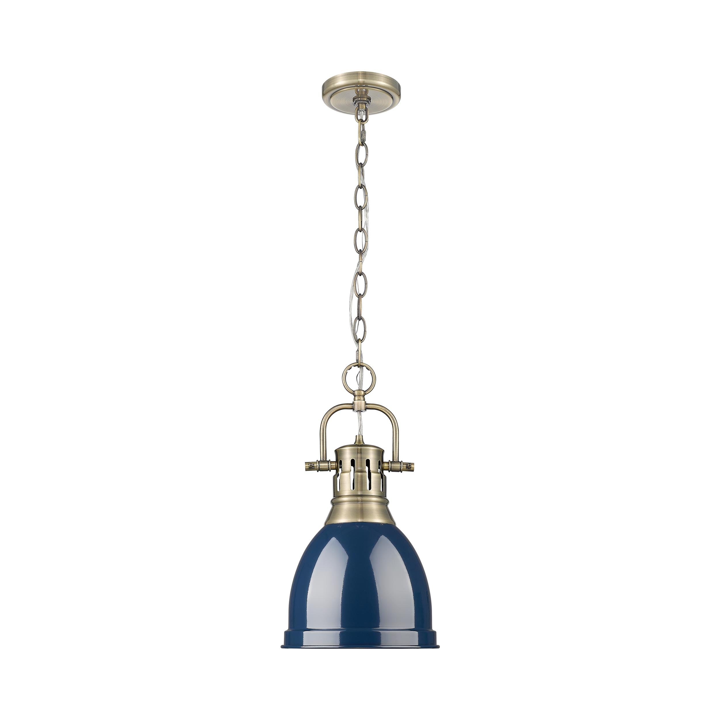 Duncan Small Pendant with Chain in Aged Brass with Matte Navy - - Golden Lighting