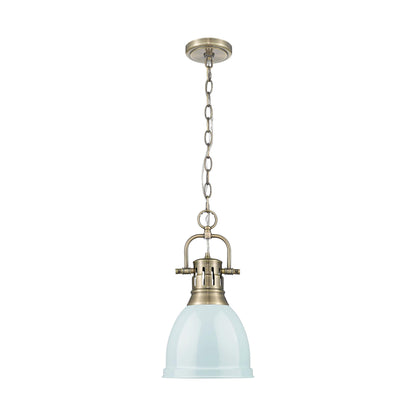 Duncan Small Pendant with Chain in Aged Brass with Seafoam - - Golden Lighting