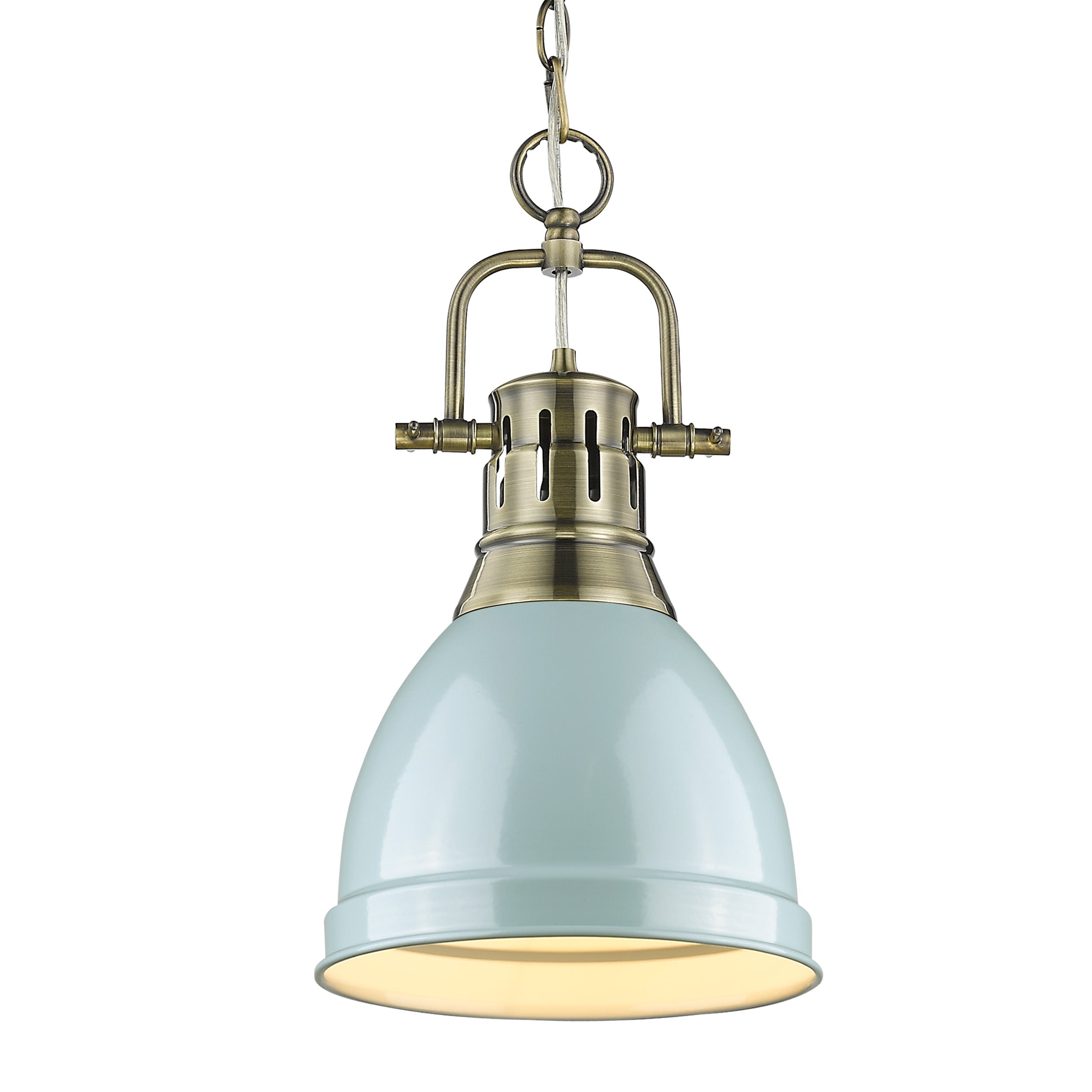 Yep by Golden Lighting Duncan 1-light 9in Chain Hung Pendant in Aged Brass and Seafoam shade