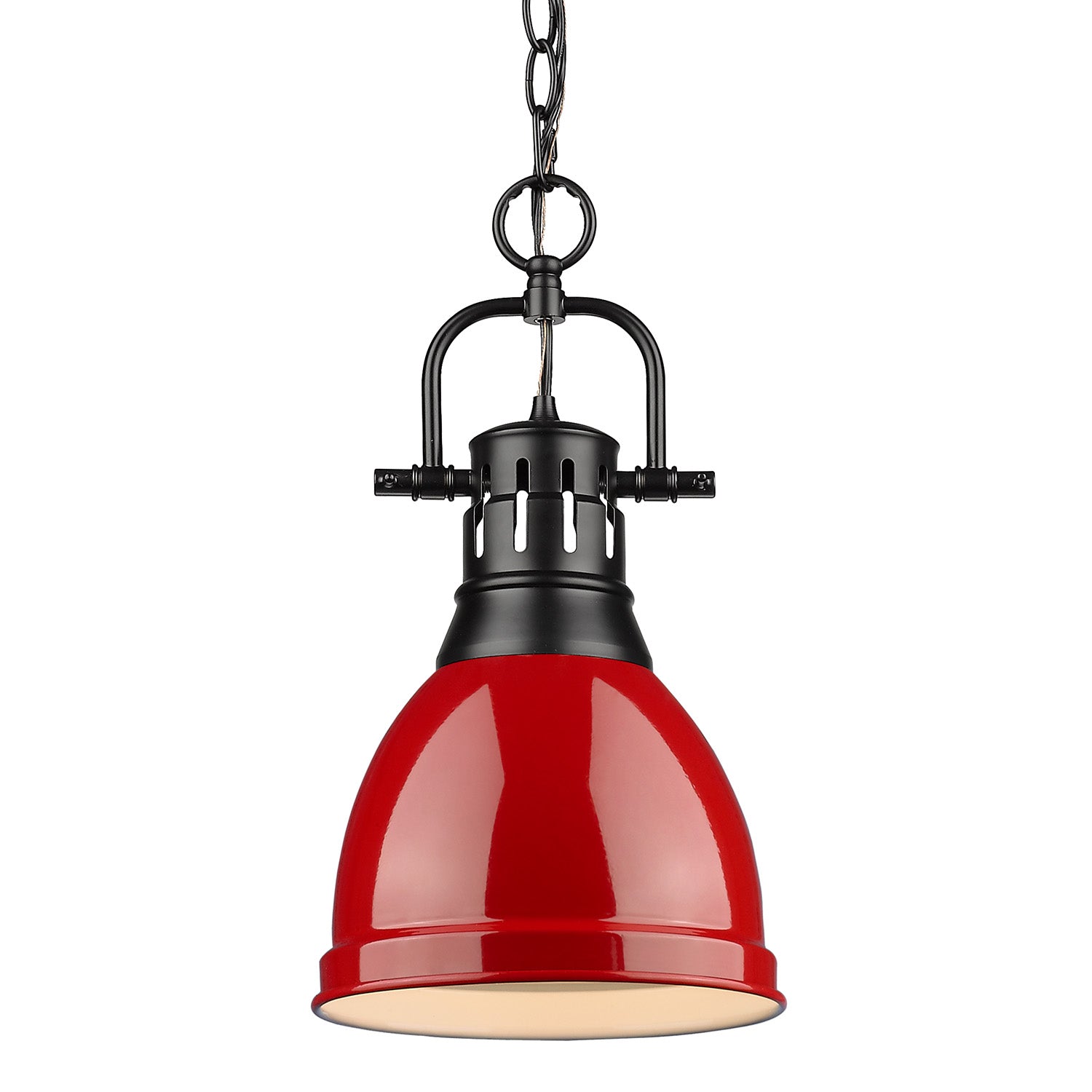 Duncan Small Pendant with Chain in Matte Black with a Red Shade - - Golden Lighting