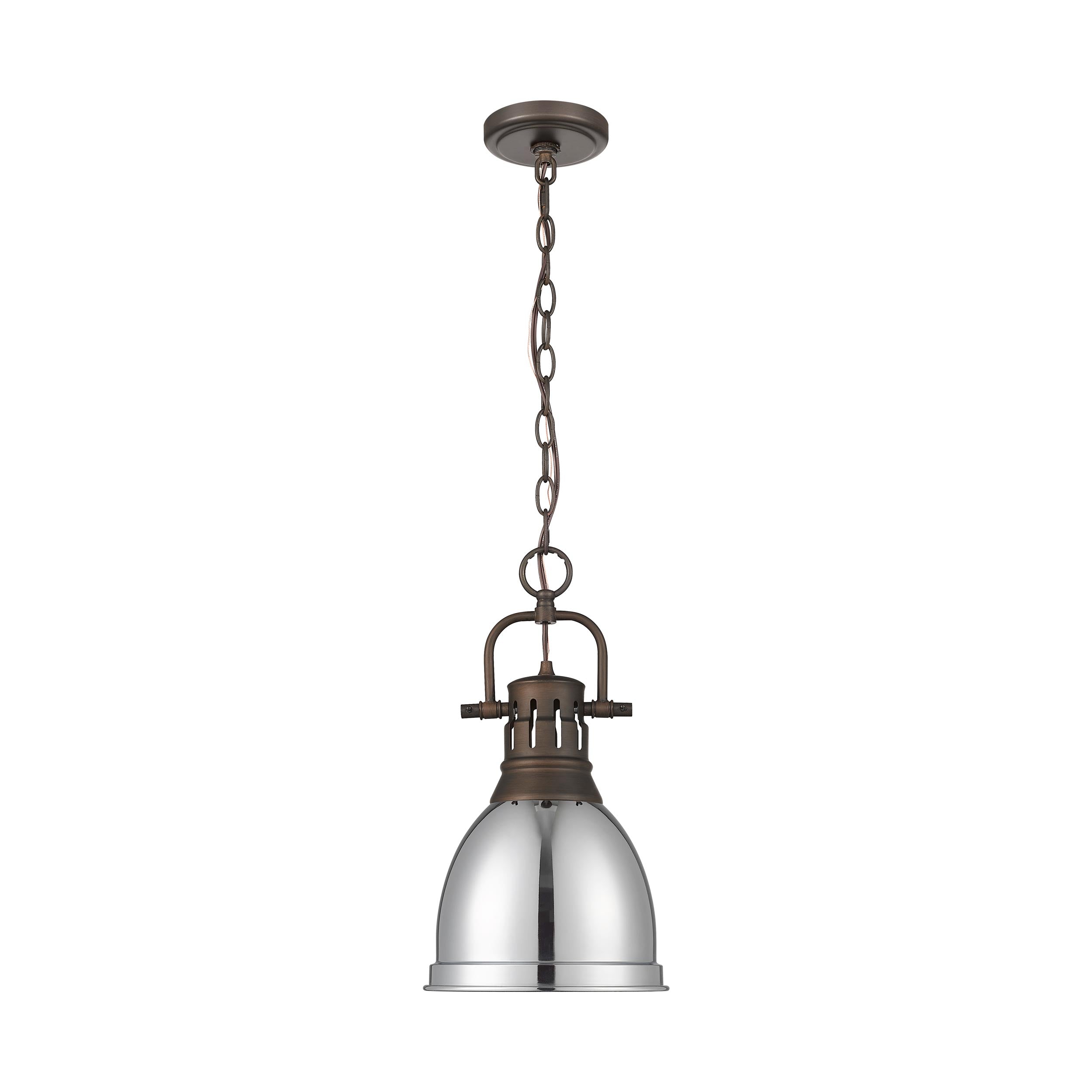 Duncan Small Pendant with Chain in Rubbed Bronze with Chrome - - Golden Lighting