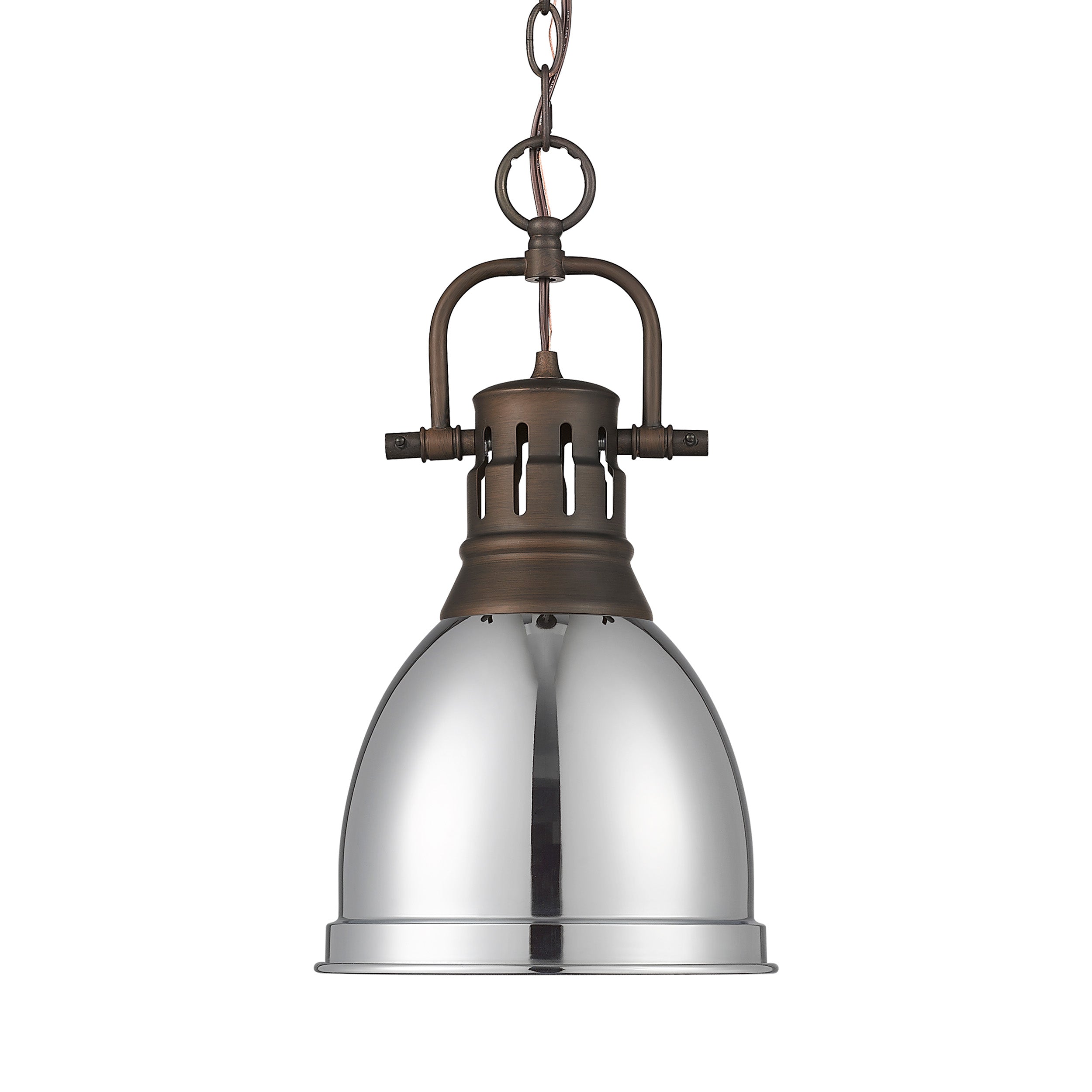Yep by Golden Lighting Duncan 1-light 9in Chain Hung Pendant in Rubbed Bronze and Chrome shade