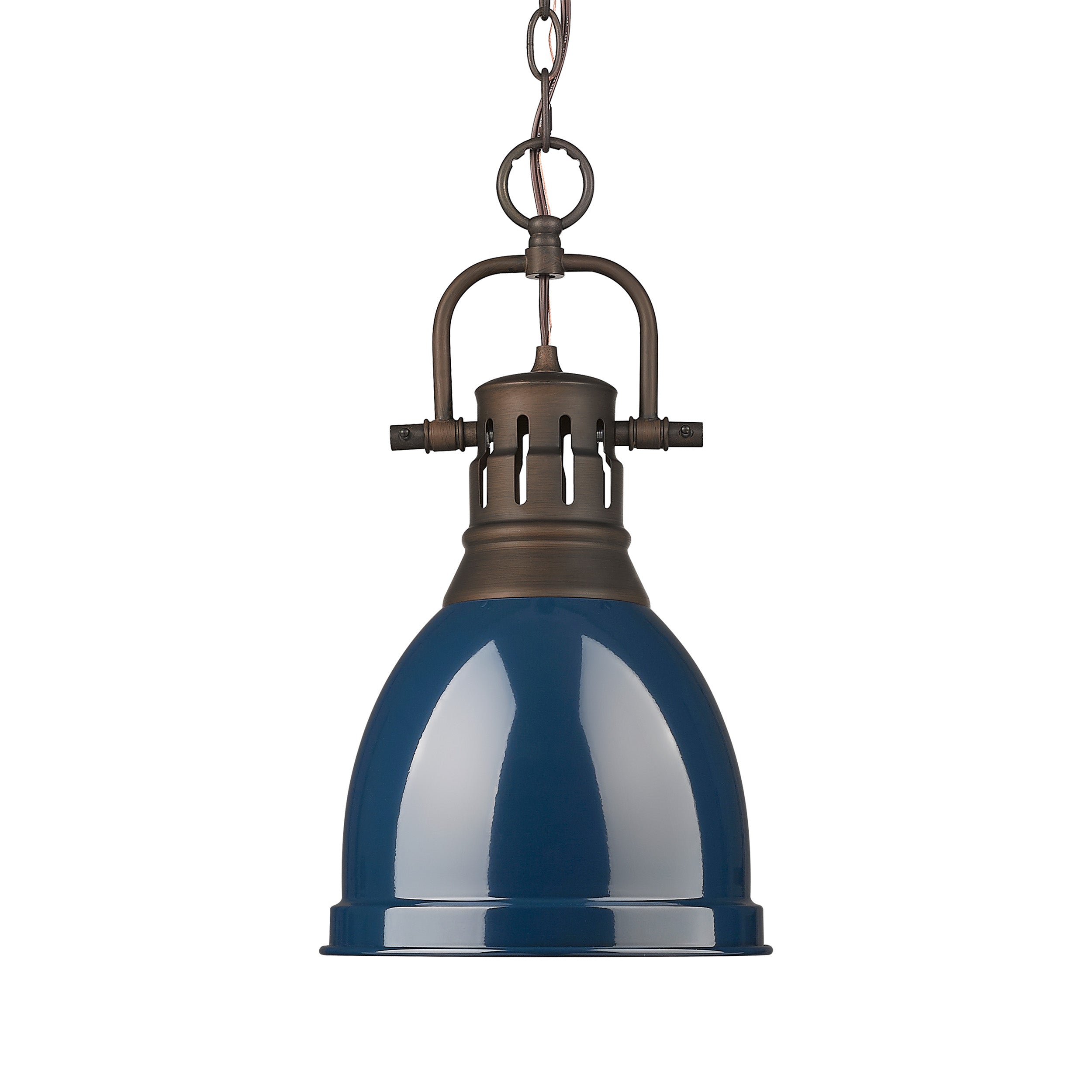 Yep by Golden Lighting Duncan 1-light 9in Chain Hung Pendant in Rubbed Bronze and Navy Blue shade