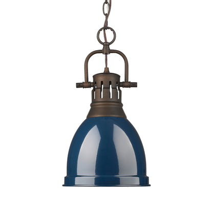 Yep by Golden Lighting Duncan 1-light 9in Chain Hung Pendant in Rubbed Bronze and Navy Blue shade
