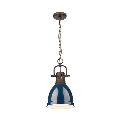 Yep by Golden Lighting Duncan 1-light 9in Chain Hung Pendant in Rubbed Bronze and Navy Blue shade - - Golden Lighting