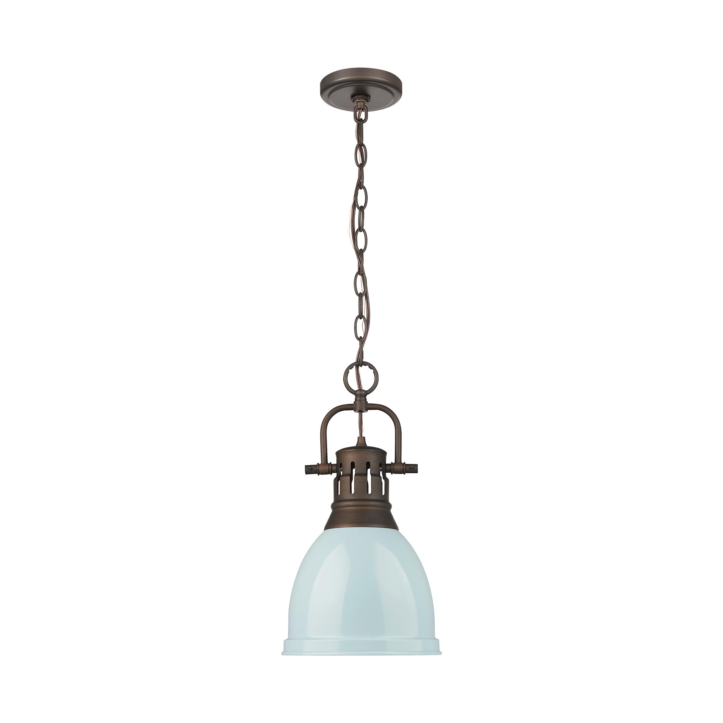 Duncan Small Pendant with Chain in Rubbed Bronze with Seafoam - - Golden Lighting