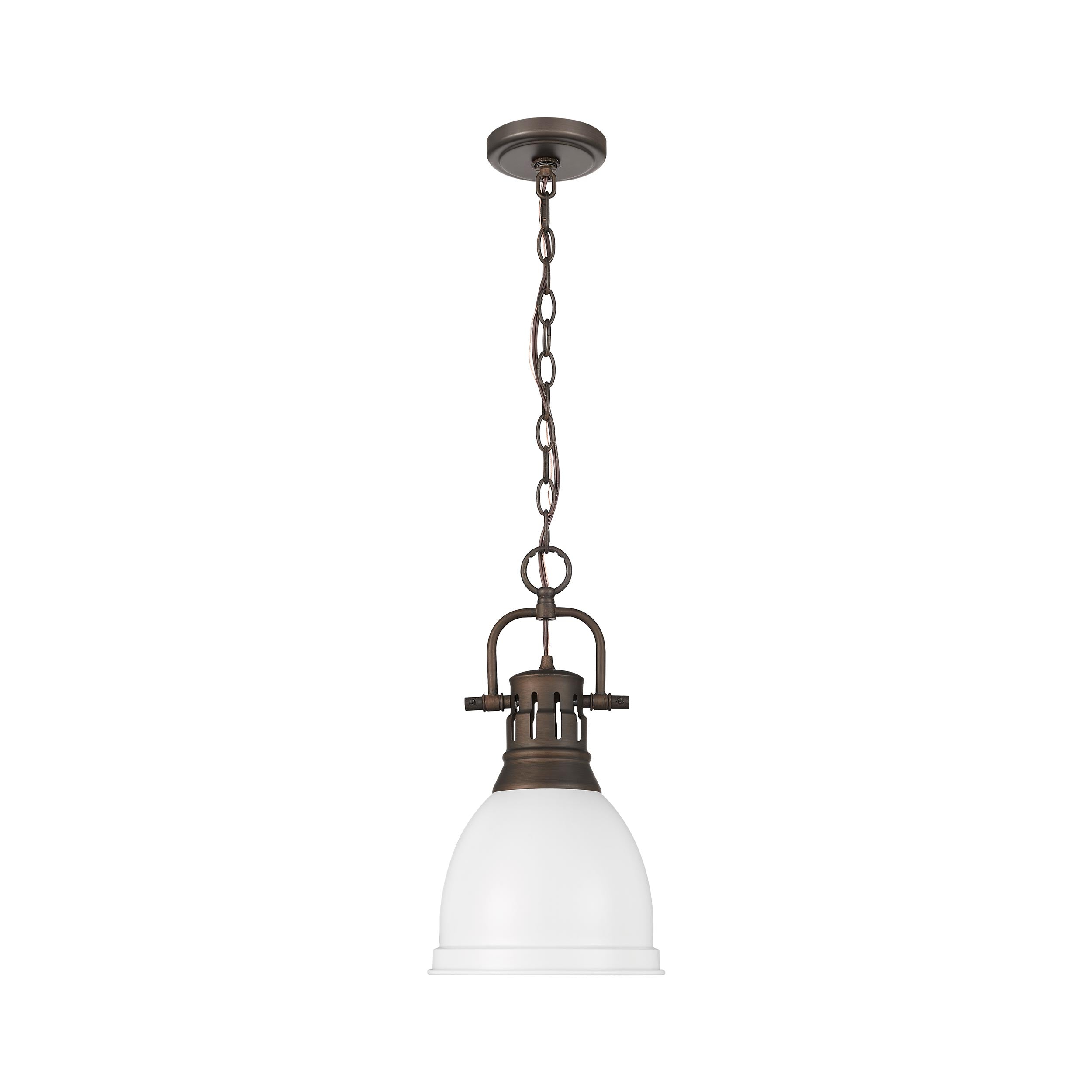 Duncan Small Pendant with Chain in Rubbed Bronze with Matte White - - Golden Lighting
