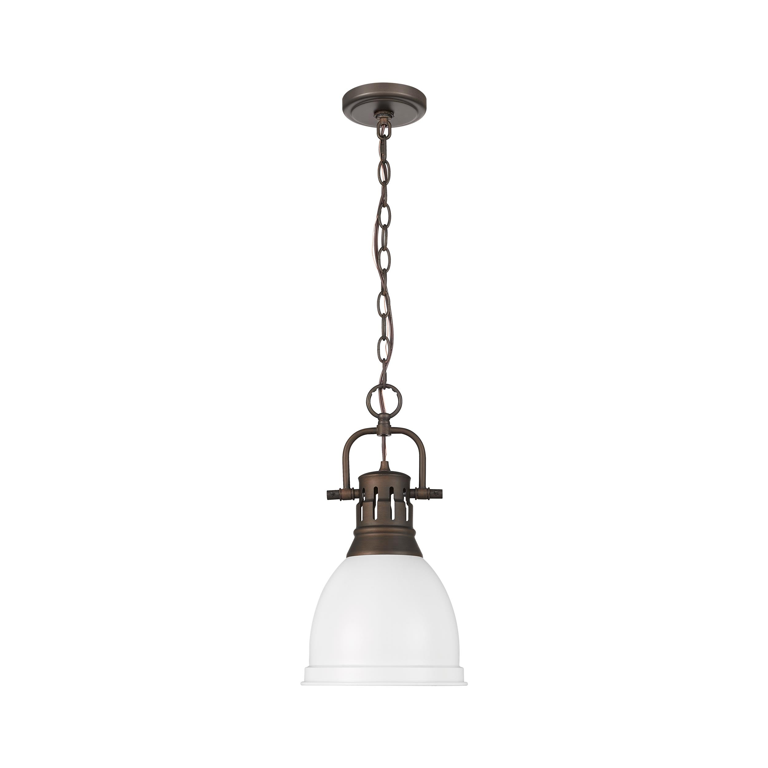 Duncan Small Pendant with Chain in Rubbed Bronze with Matte White - - Golden Lighting