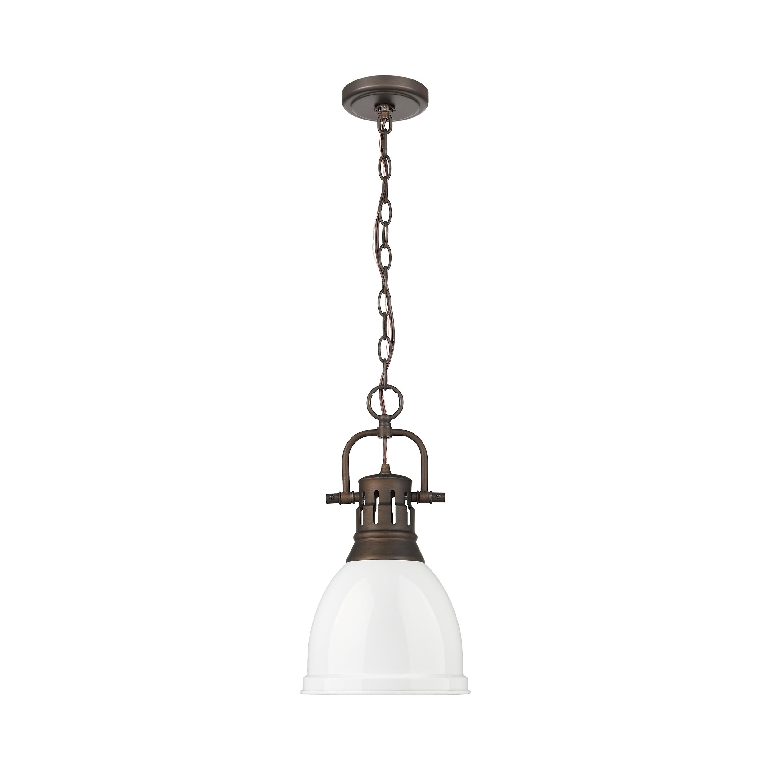 Duncan Small Pendant with Chain in Rubbed Bronze with White - - Golden Lighting