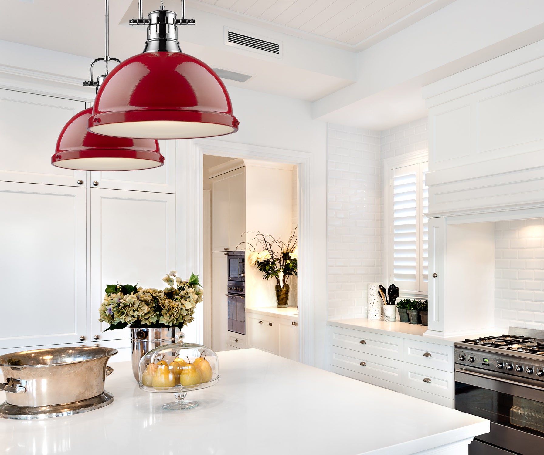Yep by Golden Lighting Duncan 1-light 14in Rod Hung Pendant in Chrome and Red shade - - Golden Lighting