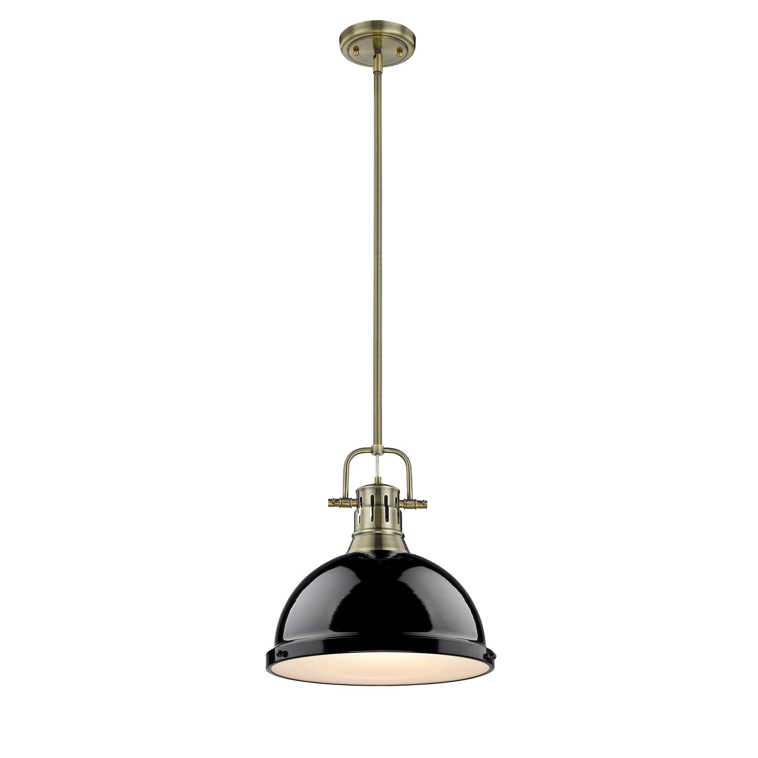Yep by Golden Lighting Duncan 1-light 14in Rod Hung Pendant in Aged Brass and Black shade - - Golden Lighting