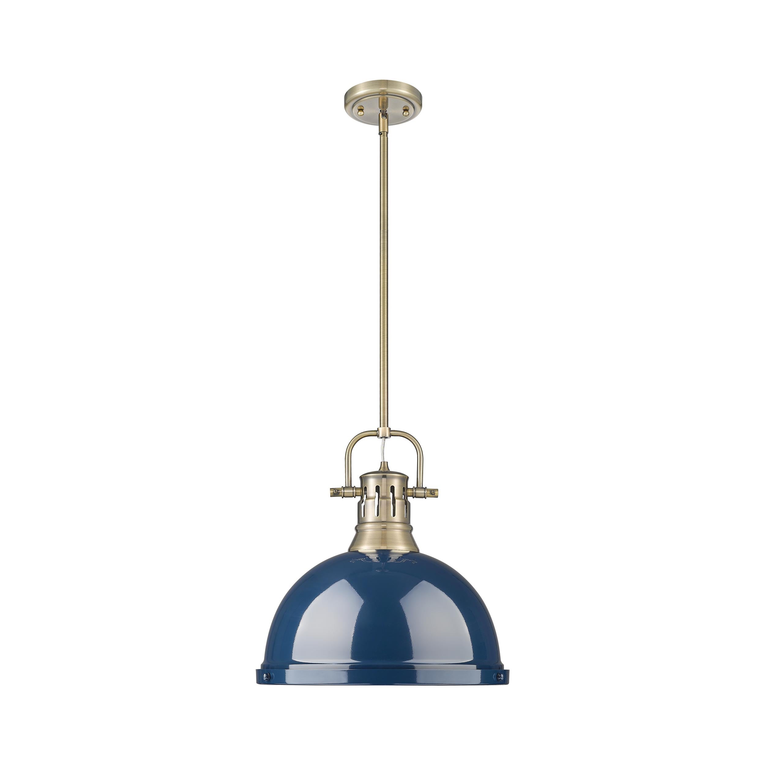 Yep by Golden Lighting Duncan 1-light 14in Rod Hung Pendant in Aged Brass and Navy Blue shade - - Golden Lighting