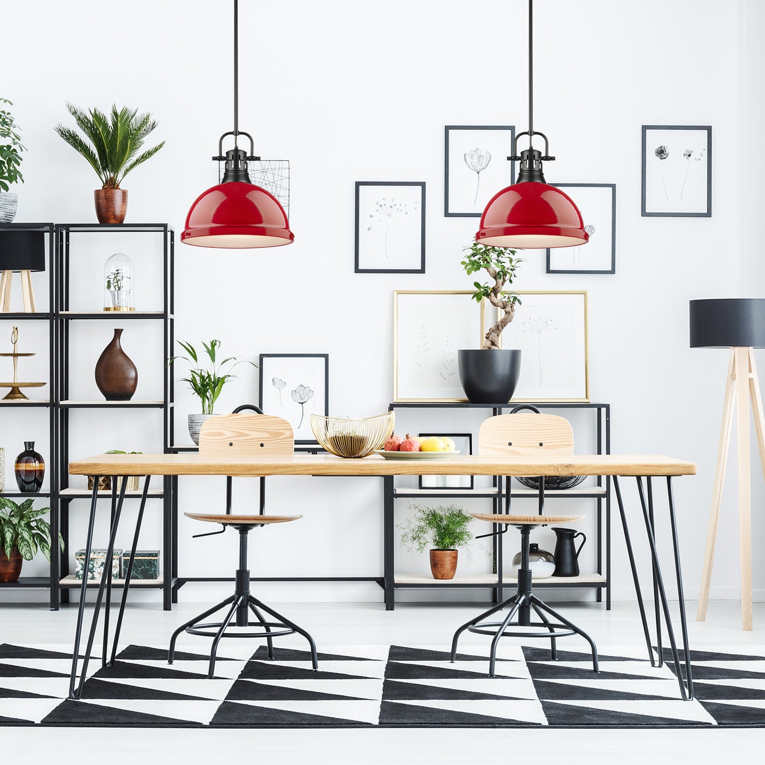 Yep by Golden Lighting Duncan 1-light 14in Rod Hung Pendant in Matte Black and Red shade - - Golden Lighting