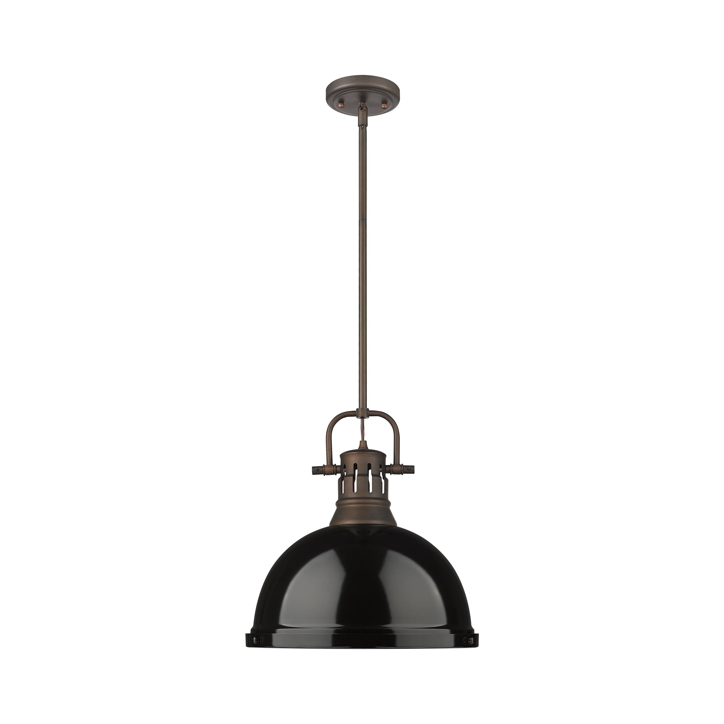 Yep by Golden Lighting Duncan 1-light 14in Rod Hung Pendant in Rubbed Bronze and Black shade - - Golden Lighting