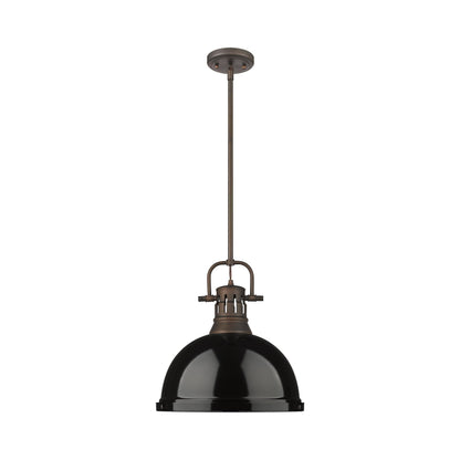 Yep by Golden Lighting Duncan 1-light 14in Rod Hung Pendant in Rubbed Bronze and Black shade - - Golden Lighting