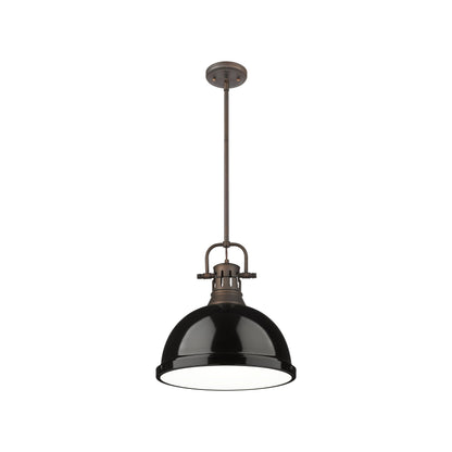 Yep by Golden Lighting Duncan 1-light 14in Rod Hung Pendant in Rubbed Bronze and Black shade - - Golden Lighting