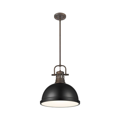 Yep by Golden Lighting Duncan 1-light 14in Rod Hung Pendant in Rubbed Bronze and Matte Black shade - - Golden Lighting