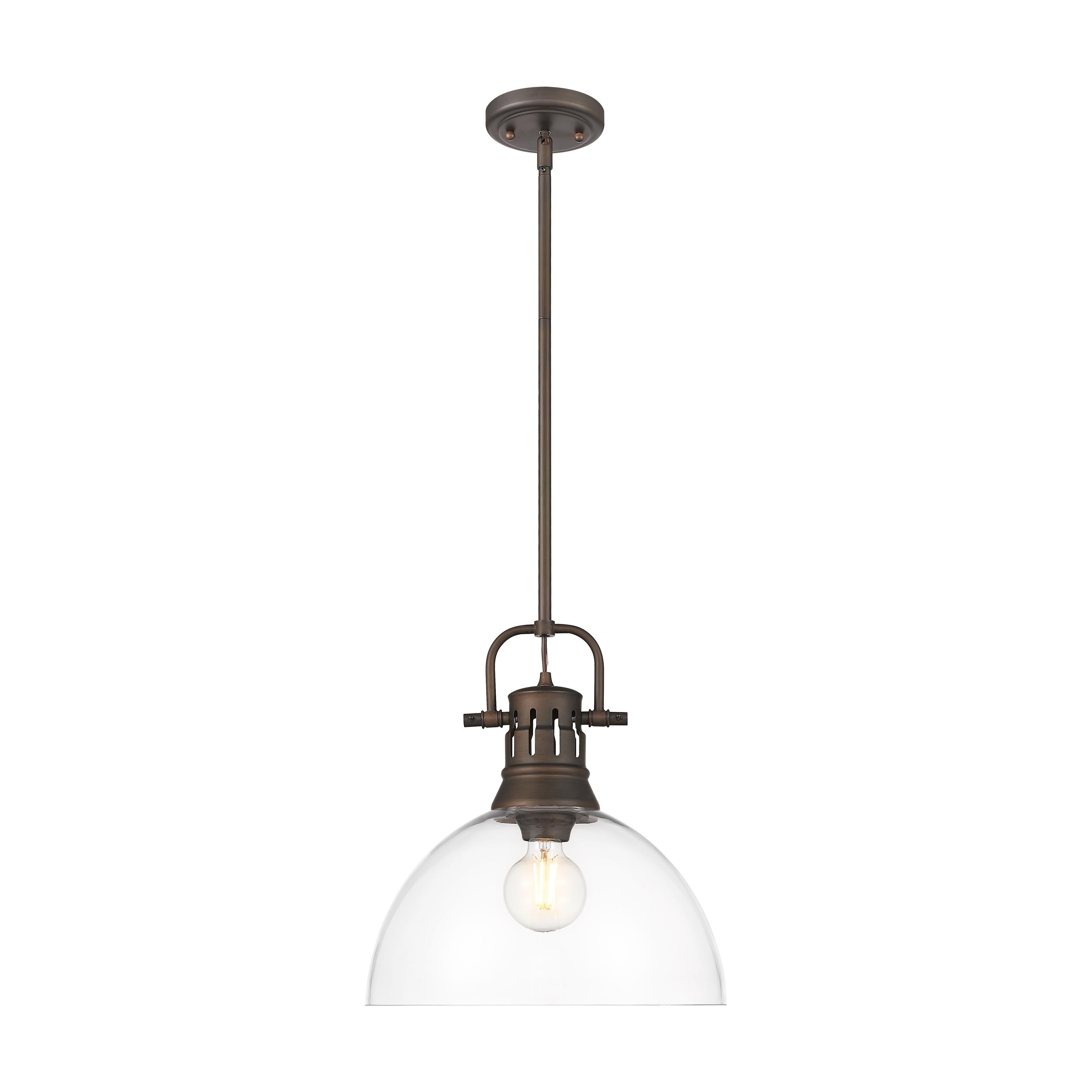 Yep by Golden Lighting Duncan 1-light 14in rod hung Pendant in Rubbed Bronze and Clear Glass - - Golden Lighting