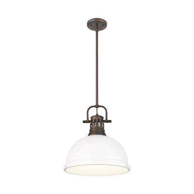 Yep by Golden Lighting Duncan 1-light 14in Rod Hung Pendant in Rubbed Bronze and Matte White shade - - Golden Lighting