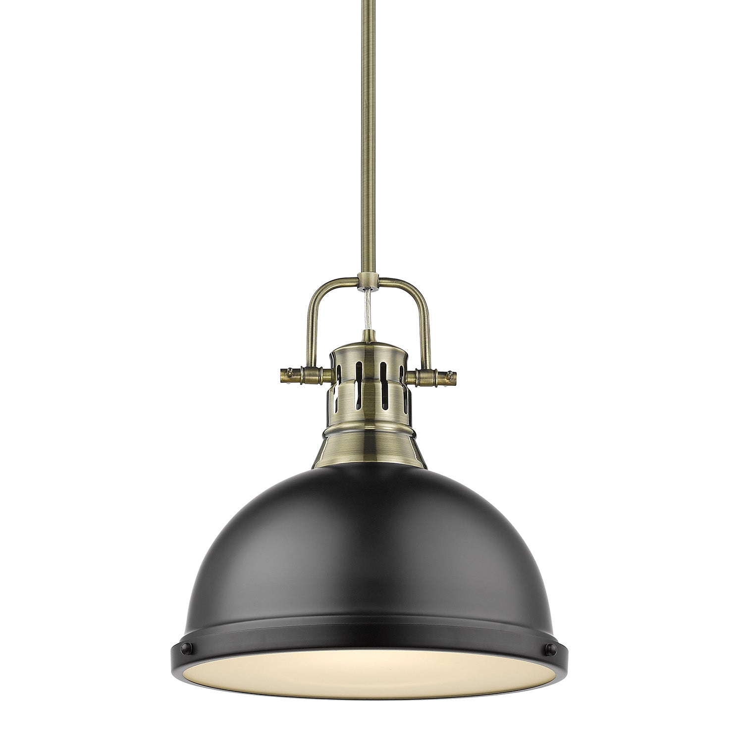 Duncan 1 Light Pendant with Rod in Aged Brass with a Matte Black Shade - - Golden Lighting