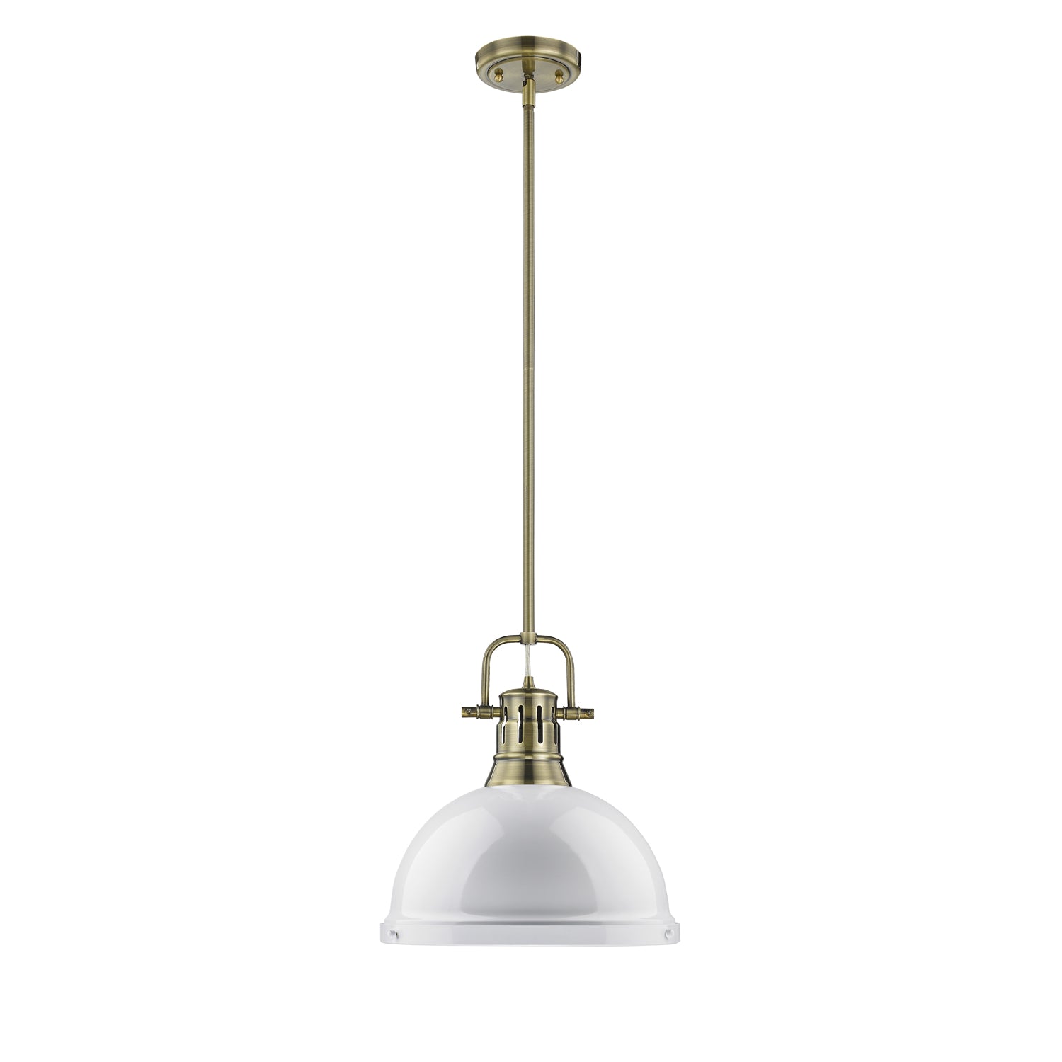 Duncan 1 Light Pendant with Rod in Aged Brass with a White Shade - - Golden Lighting