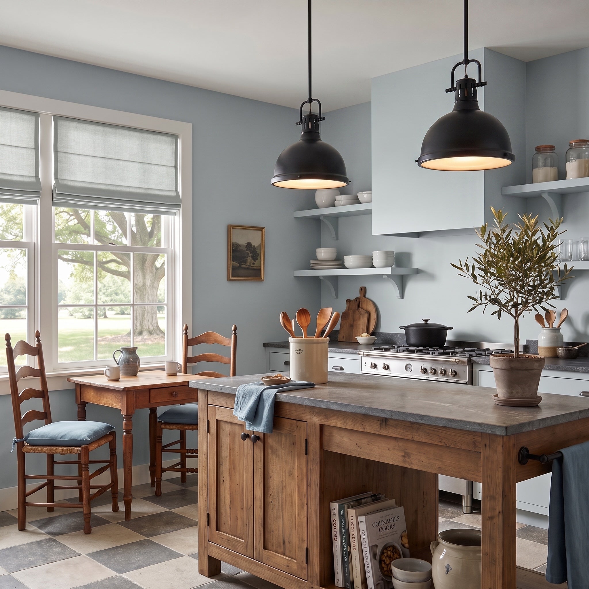 Duncan 1-light Pendant in Matte Black, AI-visualized kitchen scene - Golden Lighting