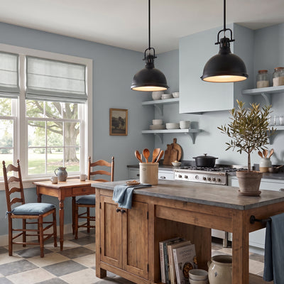 Duncan 1-light Pendant in Matte Black, AI-visualized kitchen scene - Golden Lighting