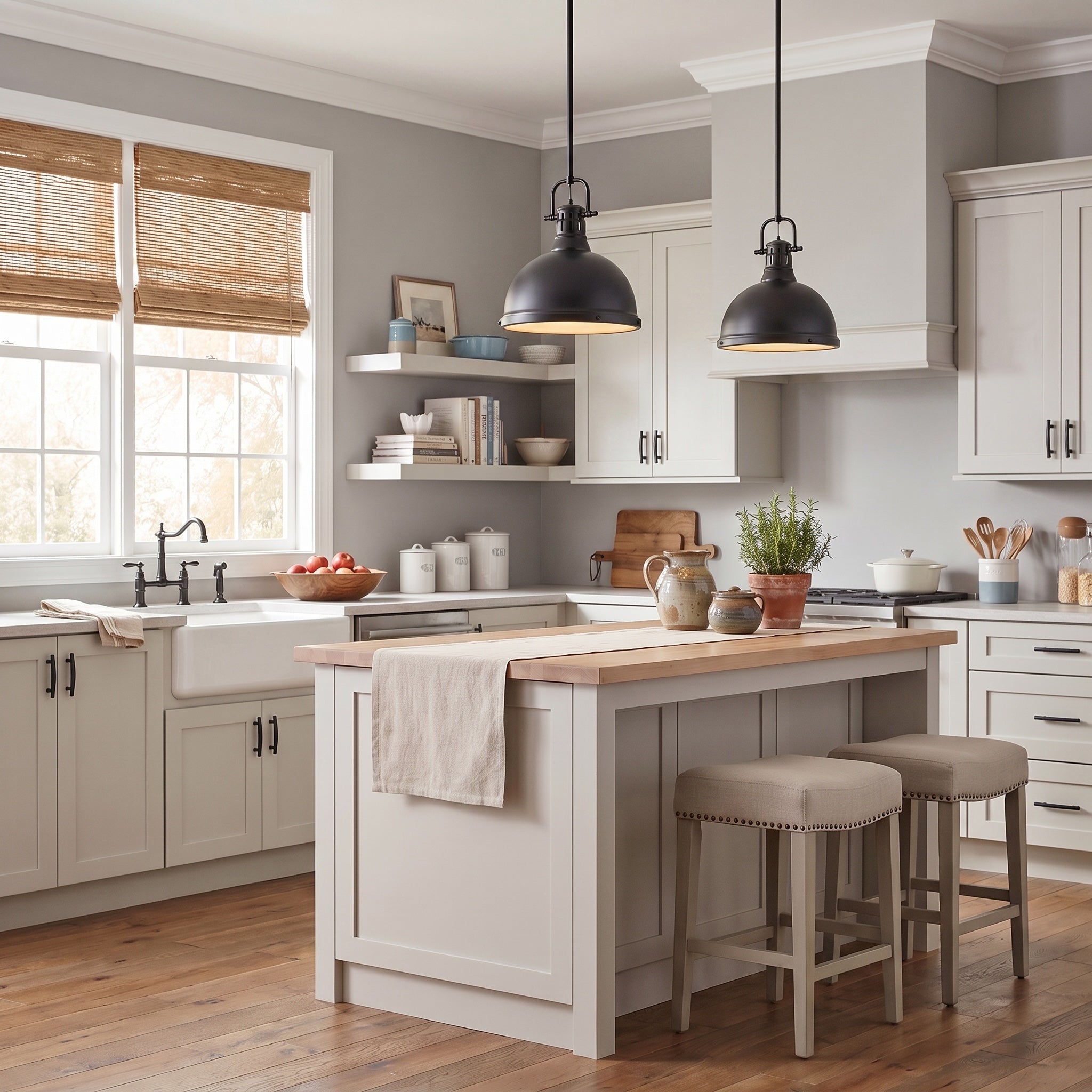 Duncan 1-light Pendant in Matte Black, AI-visualized breakfast nook scene - Golden Lighting