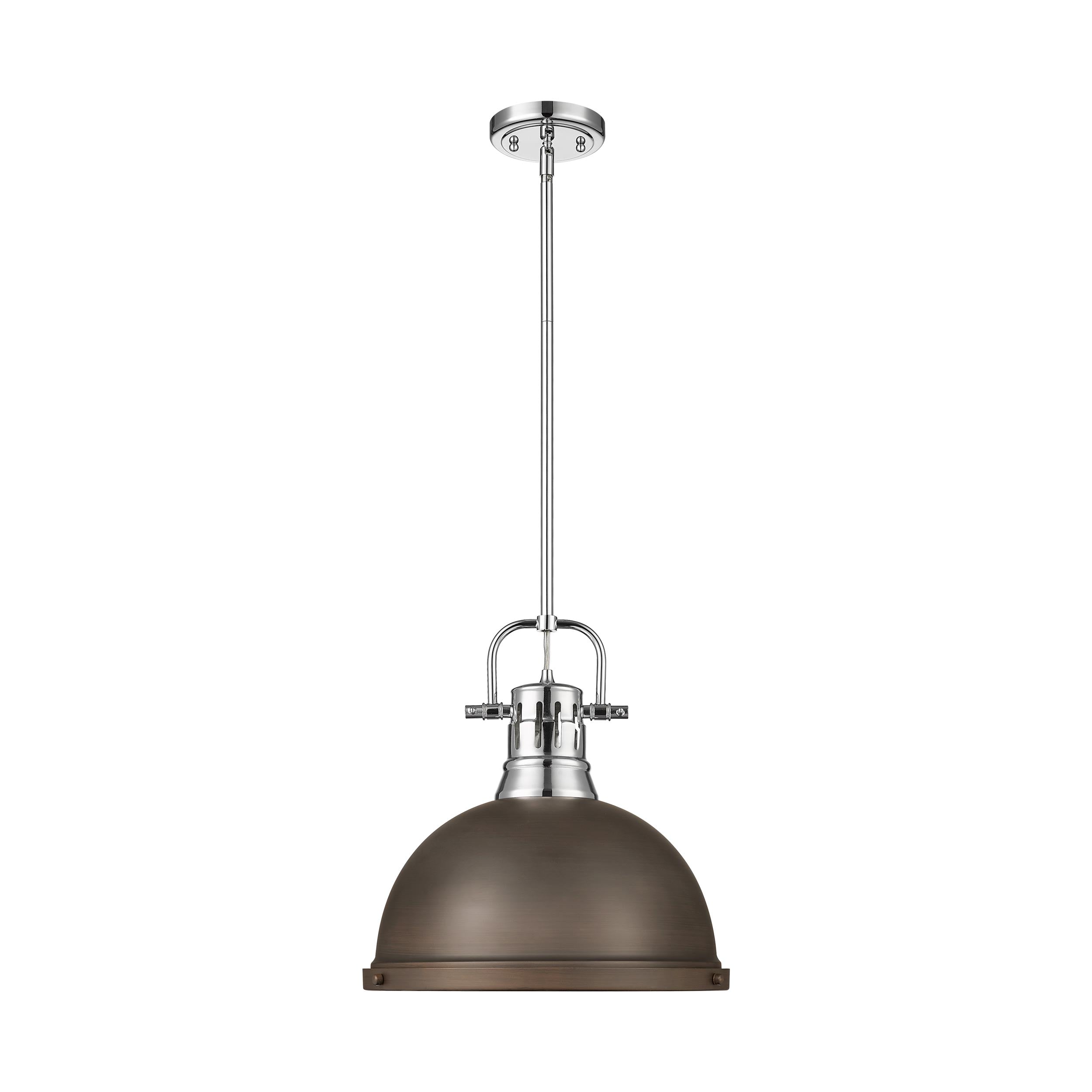 Duncan 1-Light Pendant with Rod in Chrome with Rubbed Bronze - - Golden Lighting