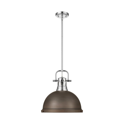 Duncan 1-Light Pendant with Rod in Chrome with Rubbed Bronze - - Golden Lighting