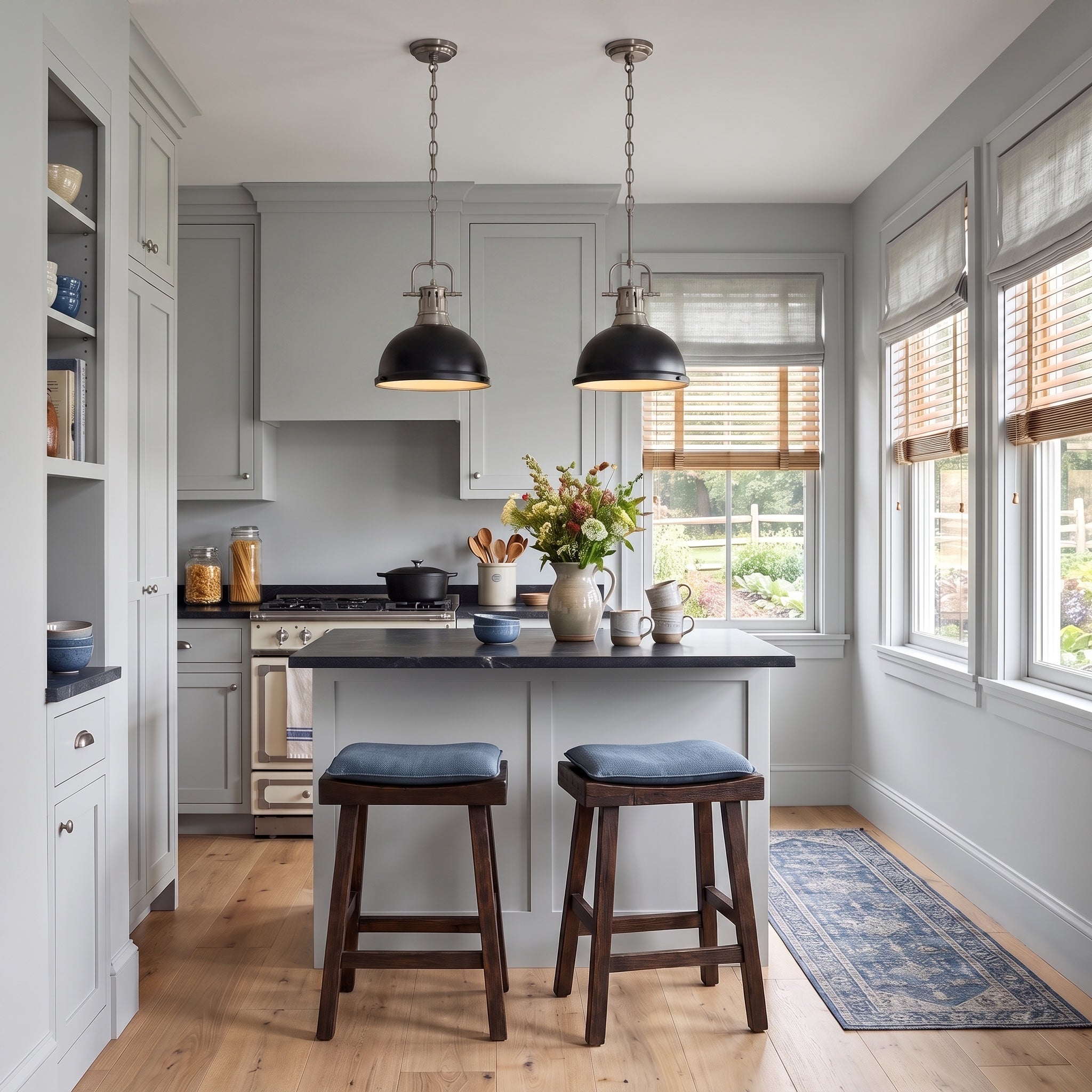 Duncan 1-light Pendant in Pewter, AI-visualized kitchen scene - Golden Lighting